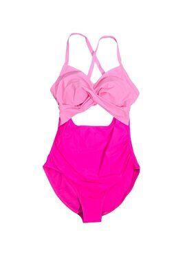 NWOT | Neon Pink Two-Tone Cut-Out Twist Front Ruched One Piece Swimsuit | Large